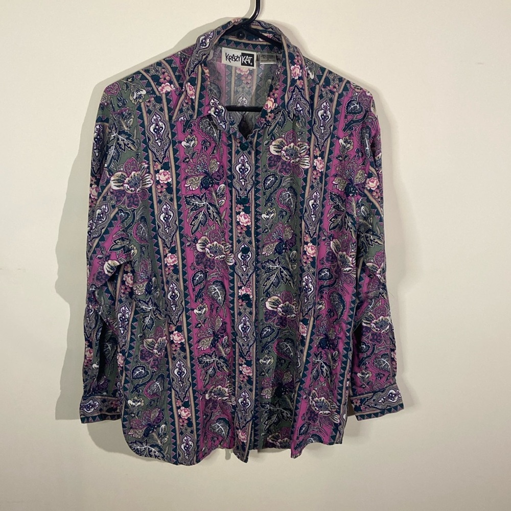 Vintage Krazy Kat Pink&Green Funky Pattern Button Up Long Sleeve Shirt Size S